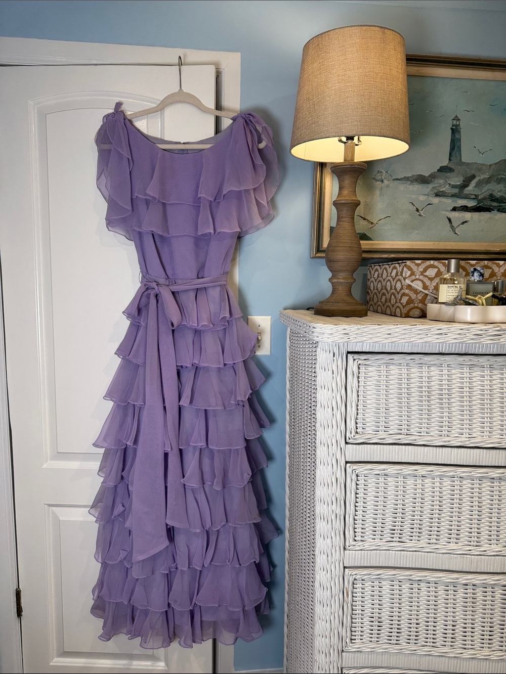 Vintage Lavender Tiered Ruffle Maxi Dress with Waist Tie